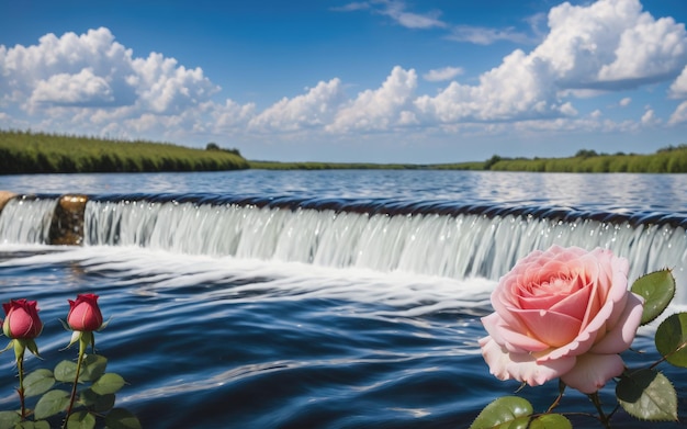 Роза с текущей водой и небом на заднем плане