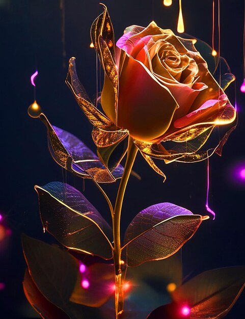 rose with golden leafs dripping 8k neon lines diamonds see through light water