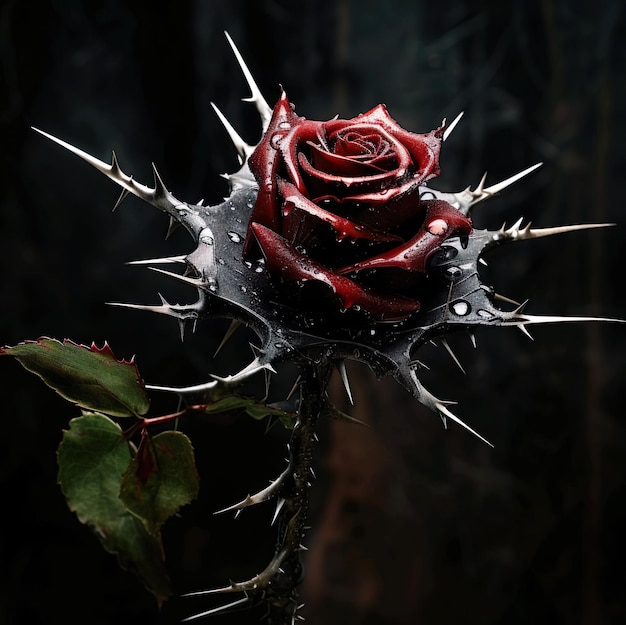 A rose with massive thorns around it with dark background