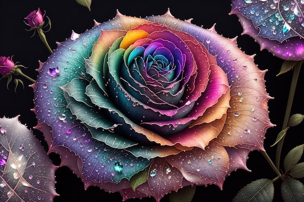 a rose with a rainbow colored diamonds black background