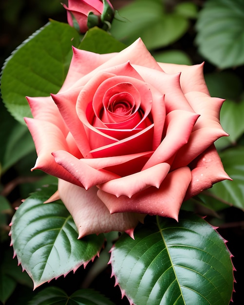 A rose with a red center and green leaves.