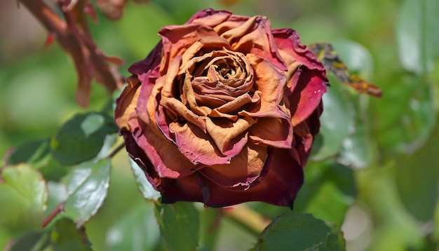 A rose with a red and gold leaf.