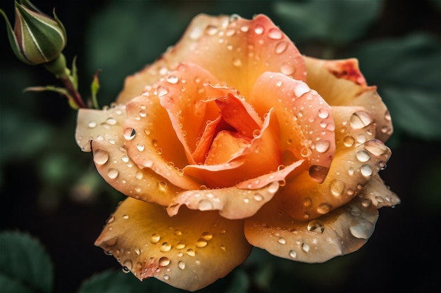 A rose with water droplets on it is on a dark background.