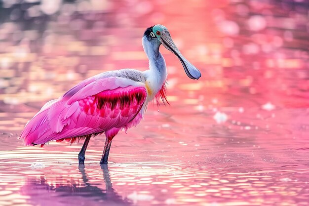 A roseate spoonbill wading in a pink hued dawn