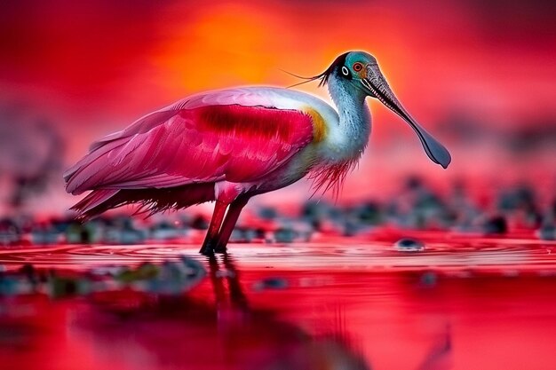 A roseate spoonbill wading in a pink hued dawn