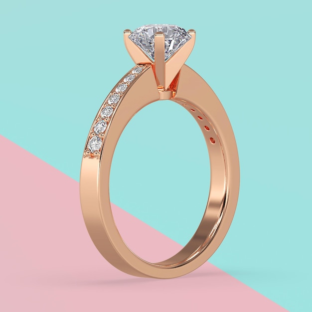 Roségouden solitaire verlovingsring met zijstenen op schacht 3d render