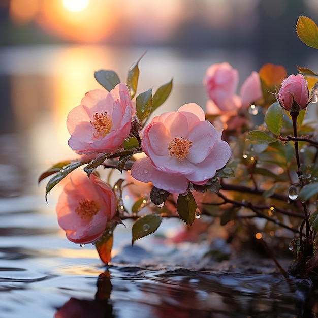 浜辺の日の出時に露の滴が降る枝のバラの花