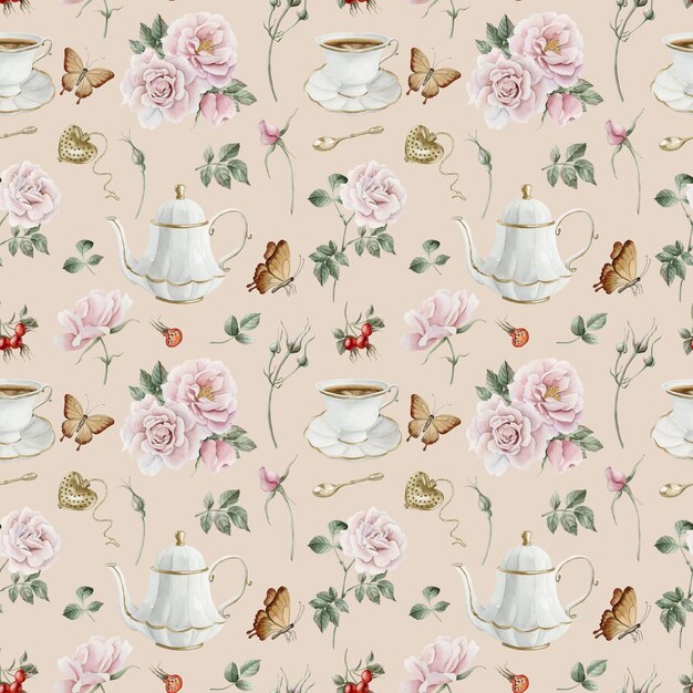 Photo rosehip pink flowers red berries white porcelain teaware and butterflies seamless pattern on beige