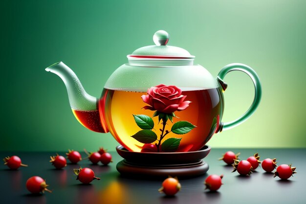 rosehip tea in a glass teapot isolated on a yellow background