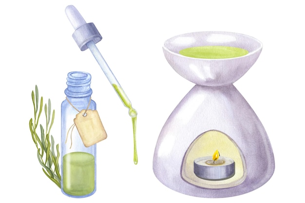 Rosemary essential oil Herb bottle pipette oil burner candle watercolor illustration isolated