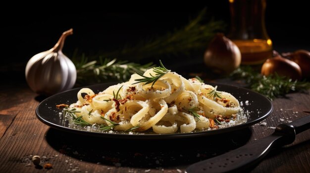 Riccioli di aglio di rosmarino elegantemente disposti su un tavolo di legno scuro la vista laterale di questo capolavoro culinario che evidenzia le ricche texture e sapori degli ingredienti