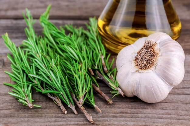 Rosemary garlic, olive oil and rosemary twigs