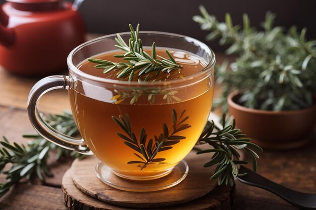 Rosemary hot tea in cup ready to drink