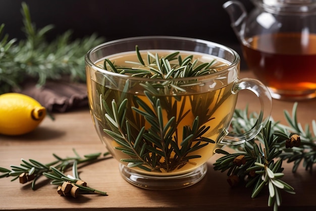 Rosemary hot tea in cup ready to drink