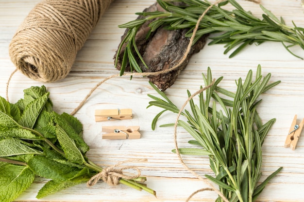 Rosemary and mint on the table