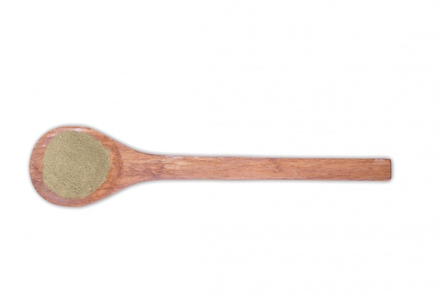 Rosemary powder on wooden spoon isolated on white 