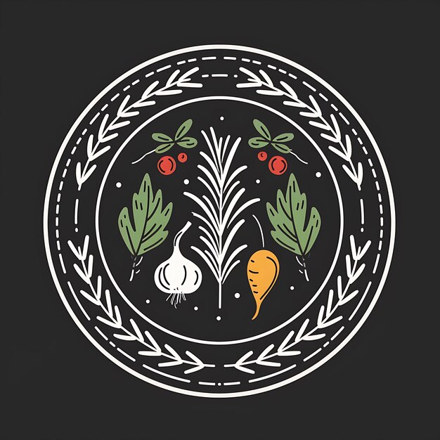 Photo rosemary sprig circular logo with decorative border and vege simple tattoo outline design tshirt