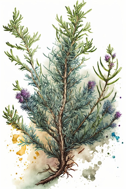 Rosemary watercolor painting. Cooking herb rosemary painted