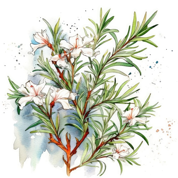 Rosemary in watercolor style with ink outline on white background generative AI