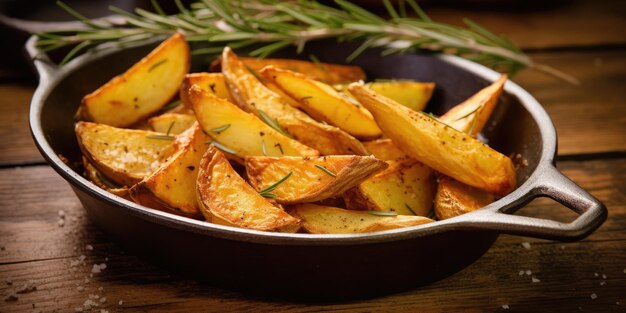 Rosemaryseasoned potato wedges or chips served in an old skillet on a wooden table with copy space