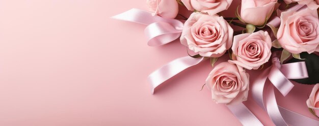 写真 ピンクの背景にバラと花びらを上から見る リボンボウとパステルピンクの花束のギフトボックス