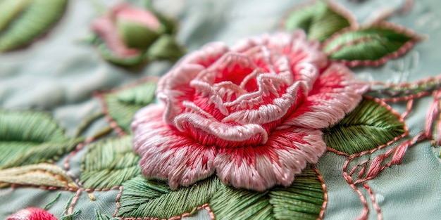 Roses are embroidered on cotton and linen in a traditional handmade style