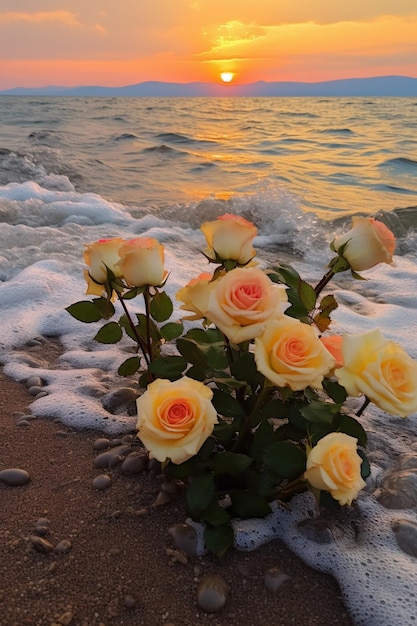 roses are growing on the beach at sunset with waves crashing generative ai
