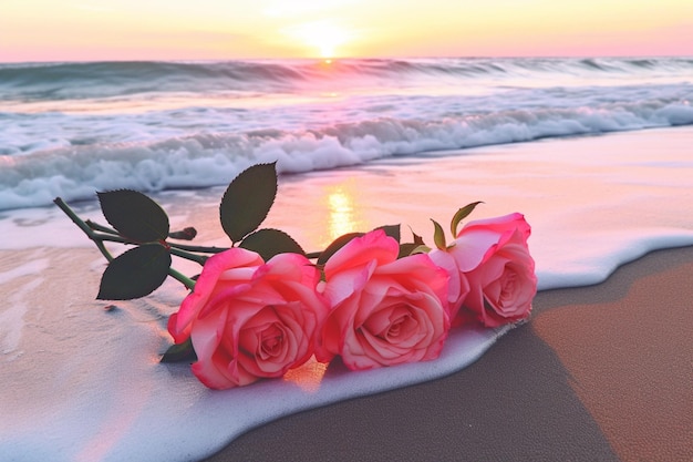 写真 バラは夕暮れ時のビーチの砂の上にあります生成ai