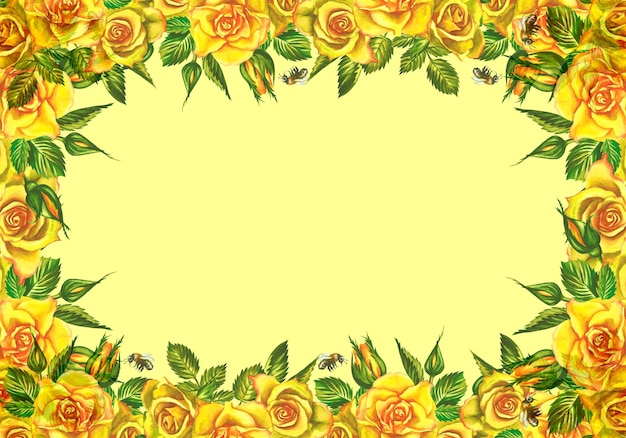 Roses are yellow Floral frame. Watercolor illustration.