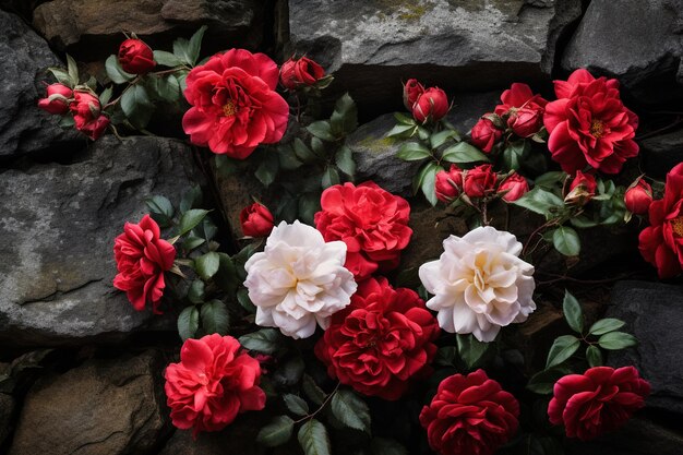 Roses arranged in a pattern on a stone wall