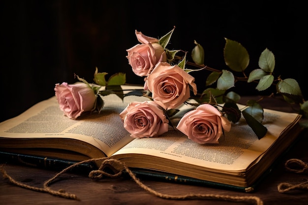 Roses arranged on a vintage book for a nostalgic feel