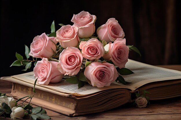 Roses arranged on a vintage book for a nostalgic feel