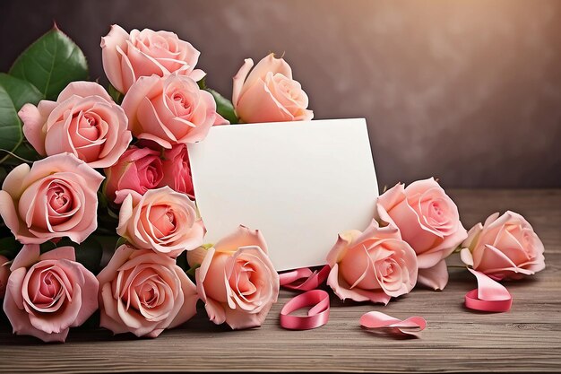 Foto bouquet di rose e biglietto di felicitazioni per la celebrazione del compleanno