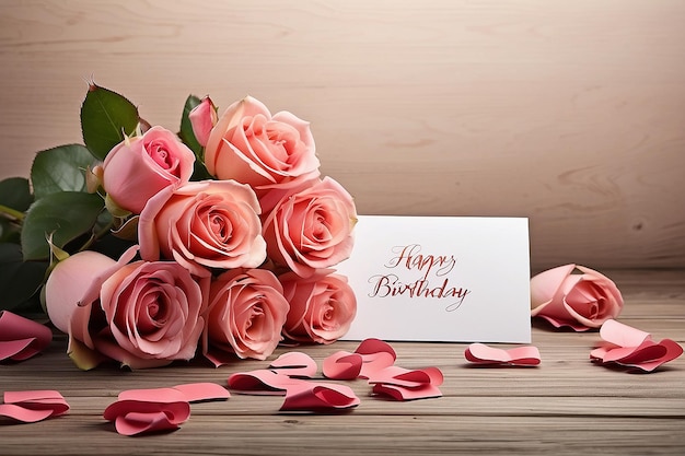 Roses bouquet and card Happy Birthday celebration background