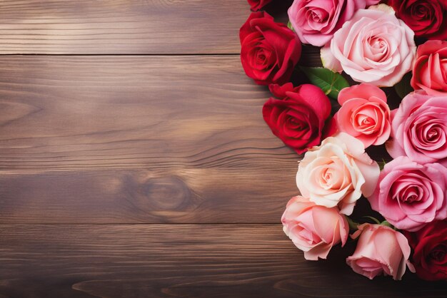 Roses bouquet on isolated rustic wooden background for greeting on Saint Valentines Mother's Day