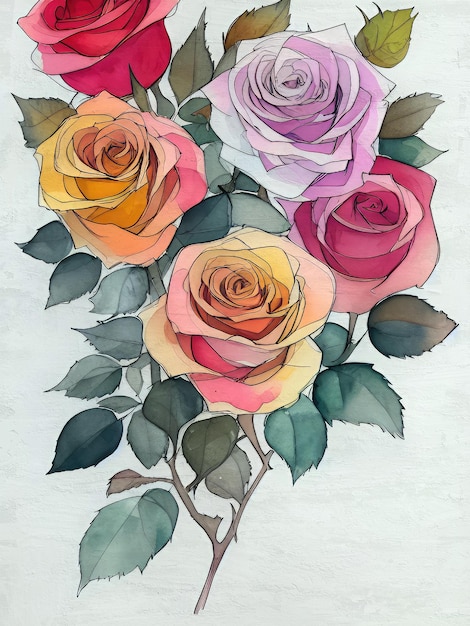 Roses Bouquet Watercolor Painting Acrylic Illustration Reproduction