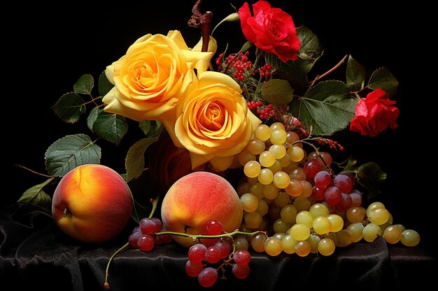 Roses in a bouquet with vibrant autumn fruits