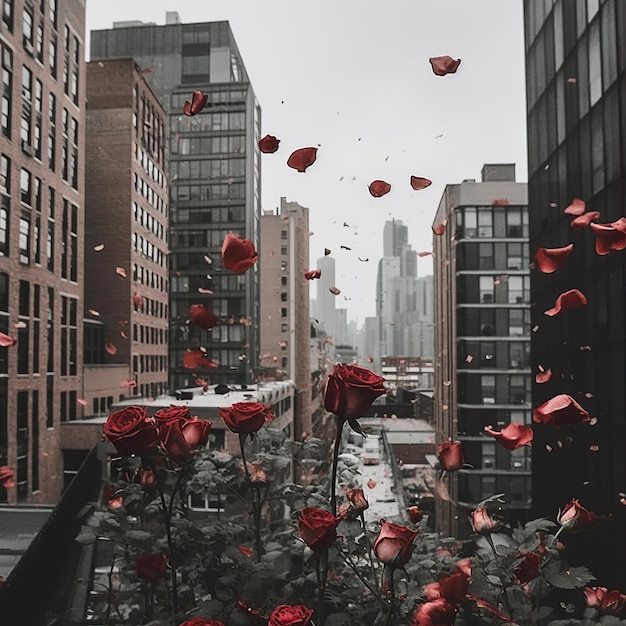 roses falling on city