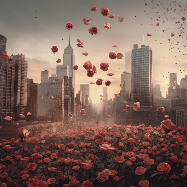 roses falling on city
