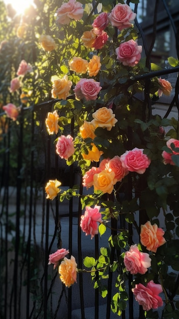 Roses on a fence with the sun shining on them