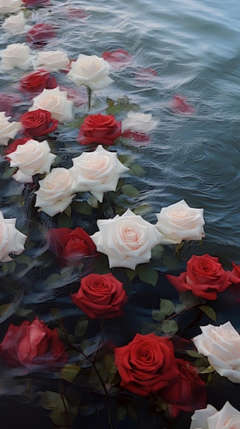 roses floating in a pond of water with leaves and water generative ai