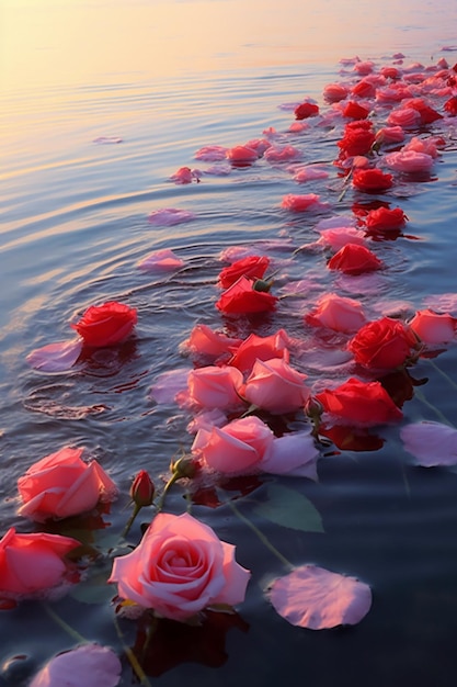 Photo roses floating in the water on a beach with a sunset in the background generative ai