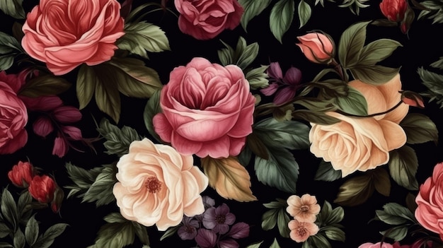 Roses floral seamless pattern on black background watercolor style AI generative