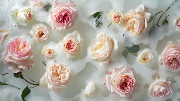 Roses Flowers Lying in Cloudy Water in Bath