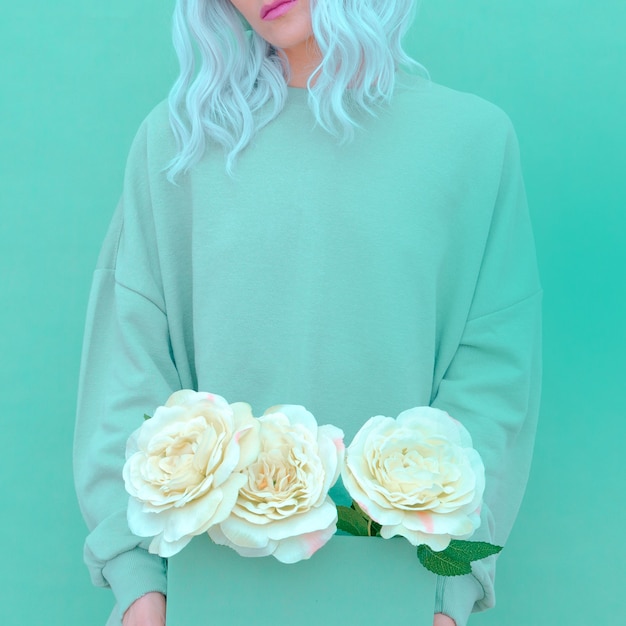 Roses fresh mint fashion girl. monochrome color trends. aqua\
menthe aesthetic concept