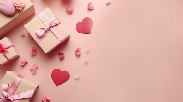 Roses and gift boxes on pink background space for text generate ai