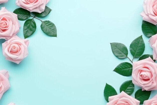 roses and green leaves with top view