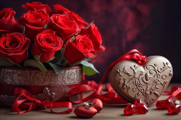 Розы и коробка в форме сердца