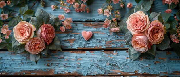 Roses and hydrangeas on shabby wooden planks with two hearts Valentine39s Day decor