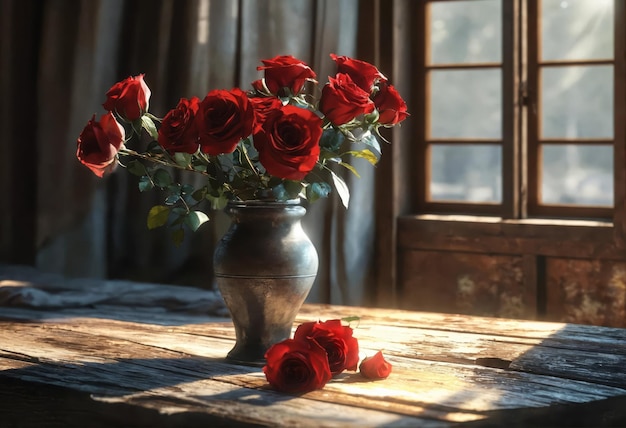 写真 木製のテーブル上の花瓶の中のバラ